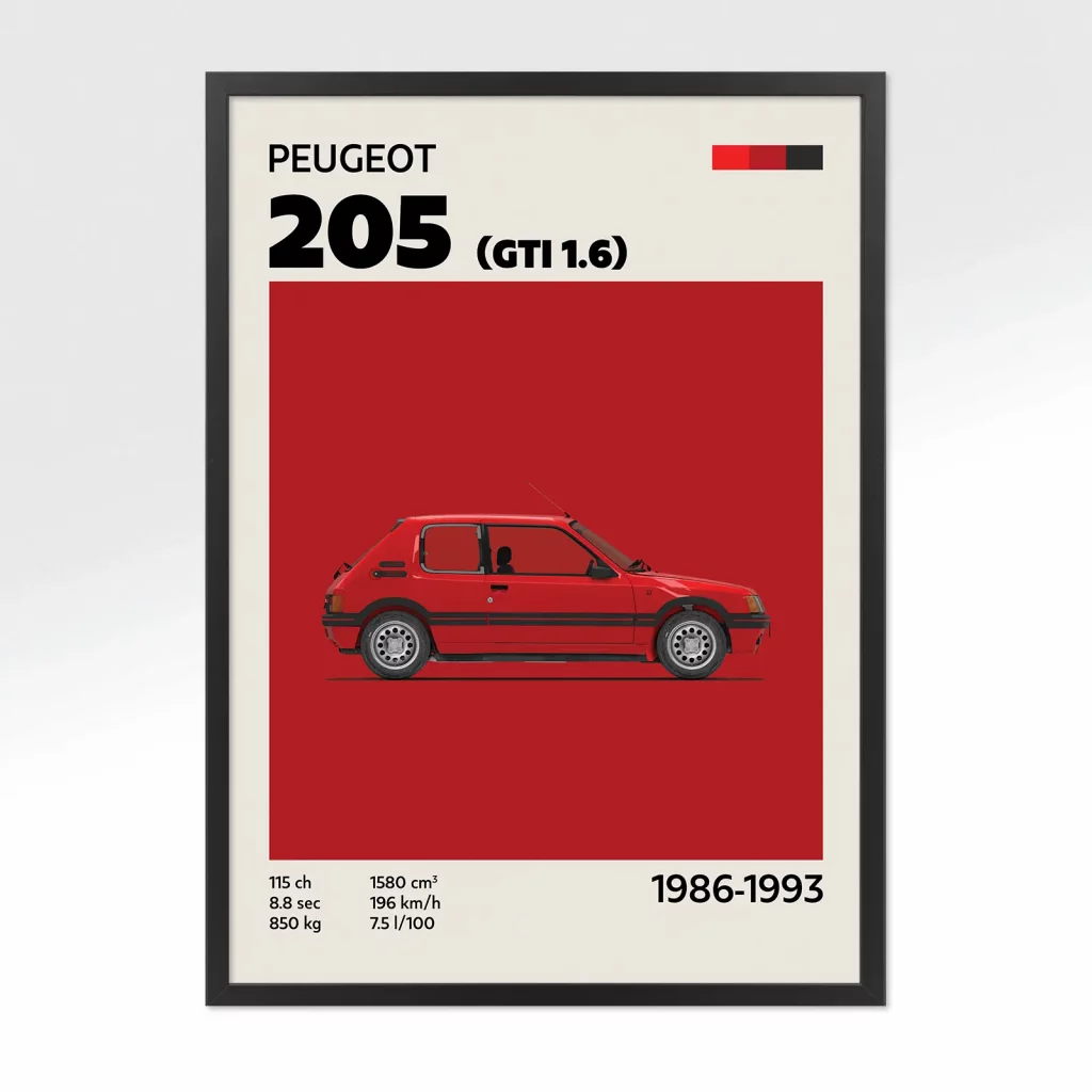poster youngtimer peugeot 205 gti rouge
