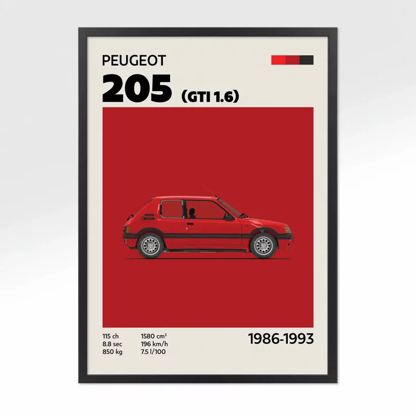 poster youngtimer peugeot 205 gti rouge
