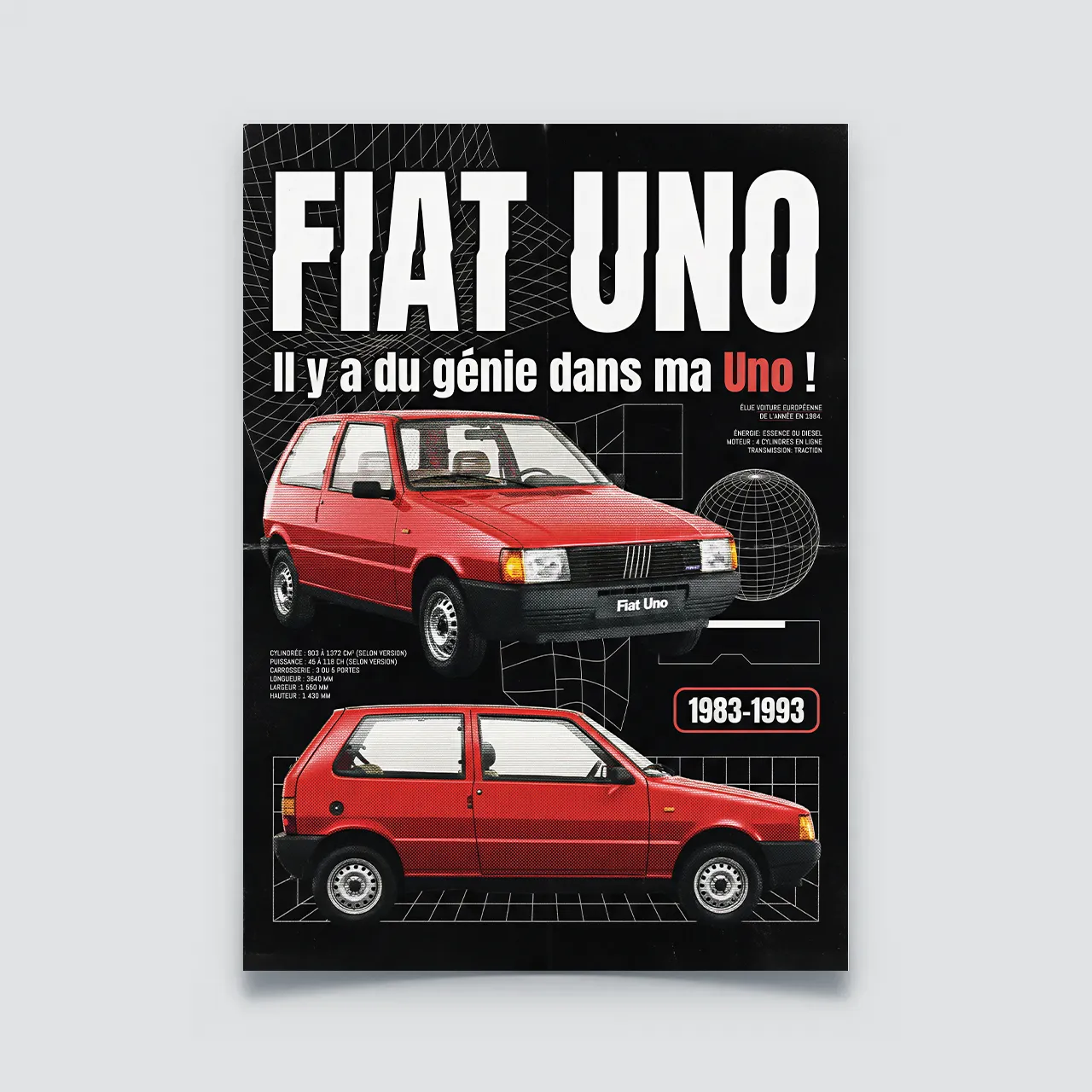 Poster Fiat Uno Turbo rouge style retro années 80