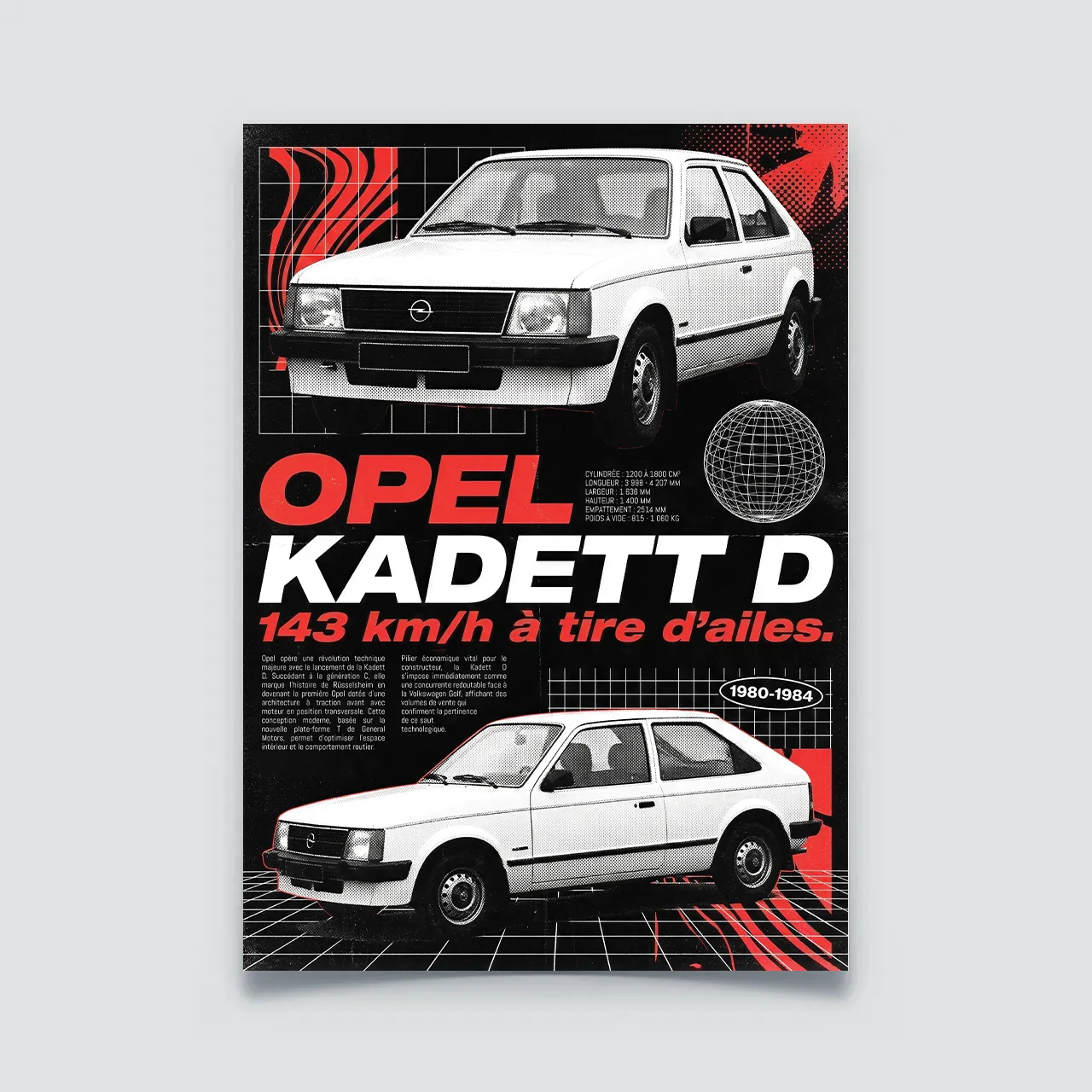 Poster Opel Kadett D blanche style publicité ancienne années 80