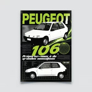 Poster Peugeot 106 phase 1 blanche style retro années 90