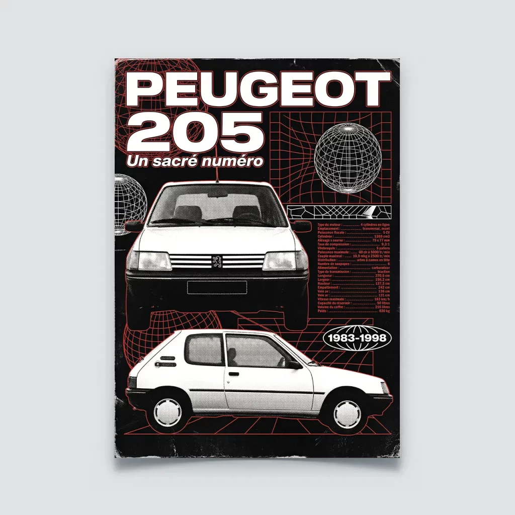 Poster Peugeot 205 sacré numéro blanche style vintage années 80