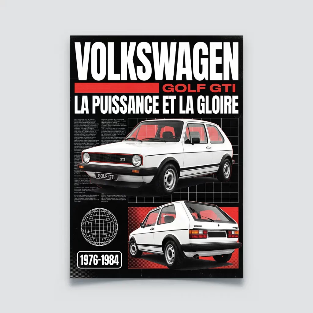 Poster Volkswagen Golf 1 GTI blanche rouge style publicité retro années 70