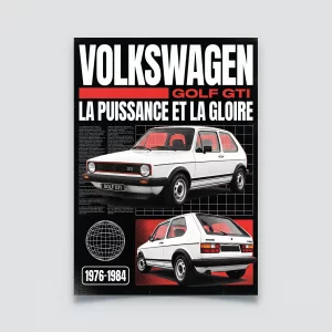 Poster Volkswagen Golf 1 GTI blanche rouge style publicité retro années 70