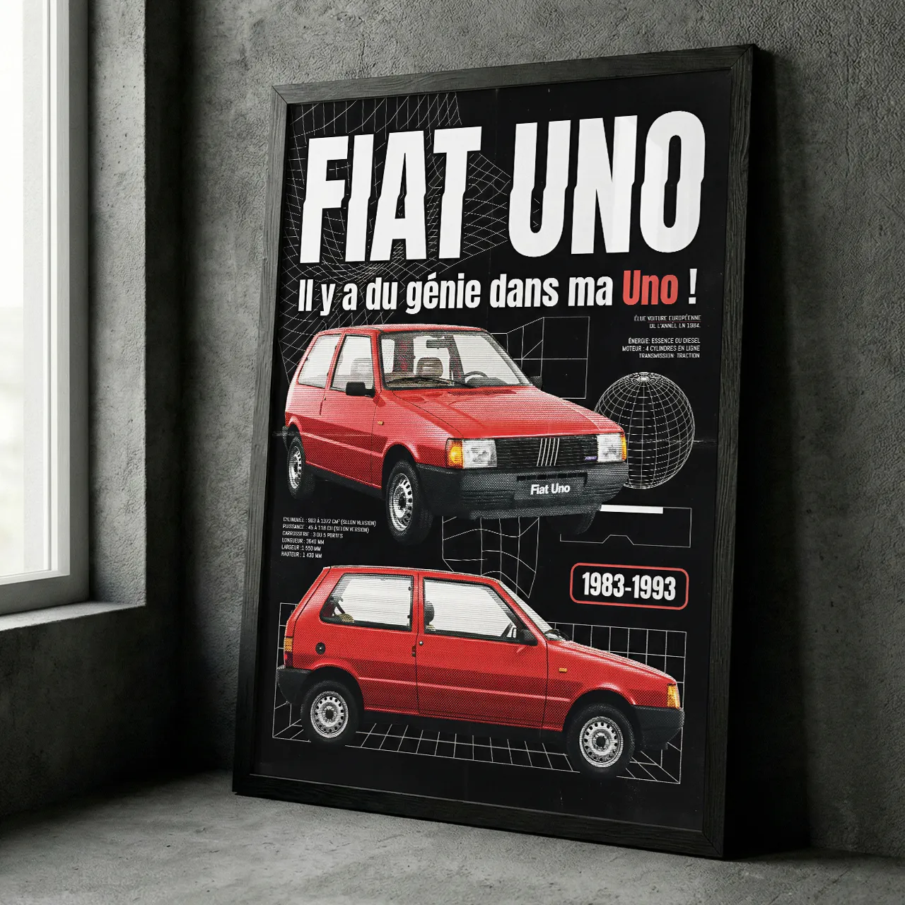 Affiche Fiat Uno style publicité rétro, déco youngtimer