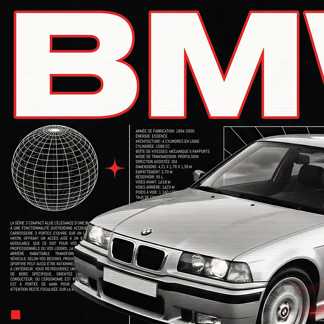 Détail poster BMW E36 compact retro, fiche technique