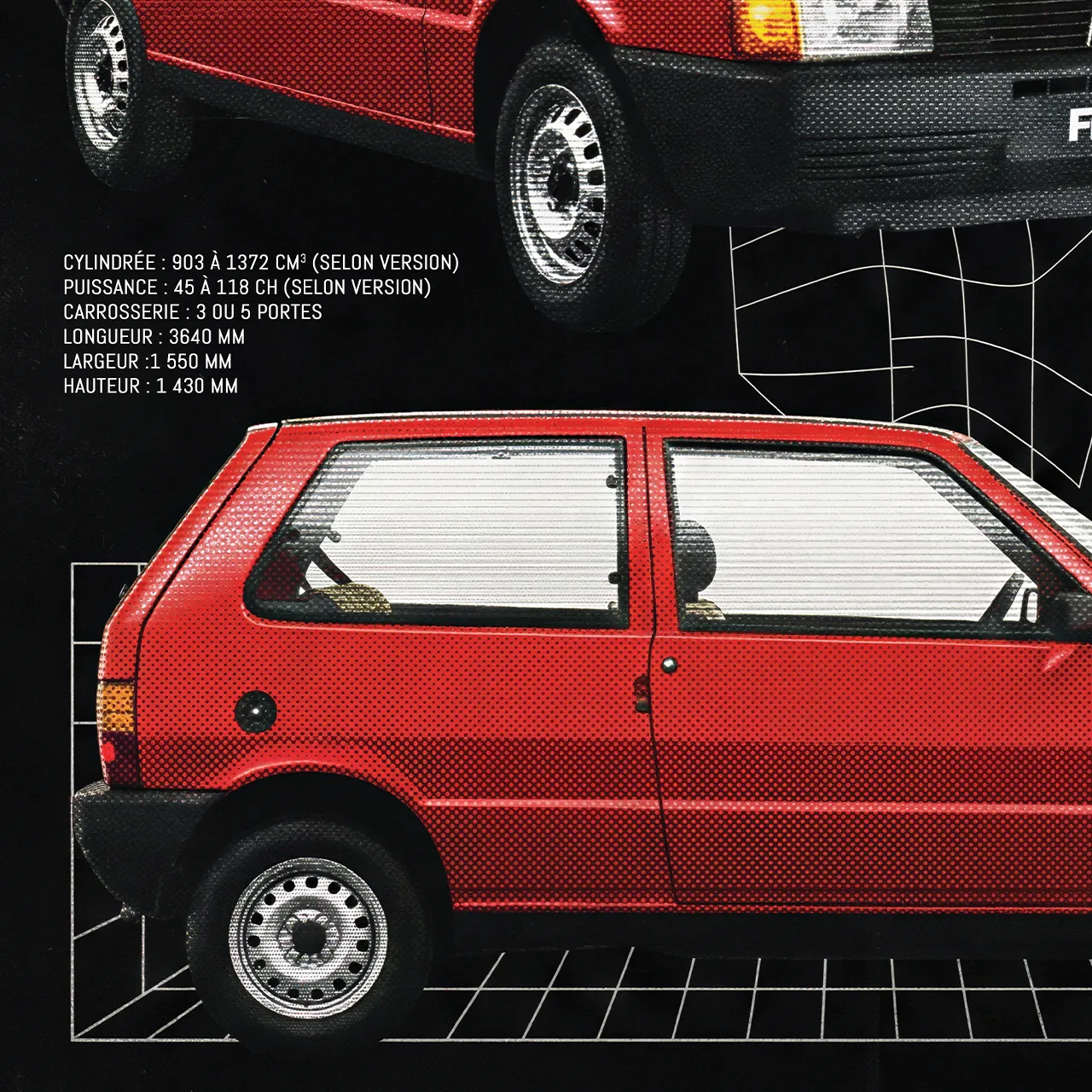 Détail poster Fiat Uno rouge style retro fiche technique