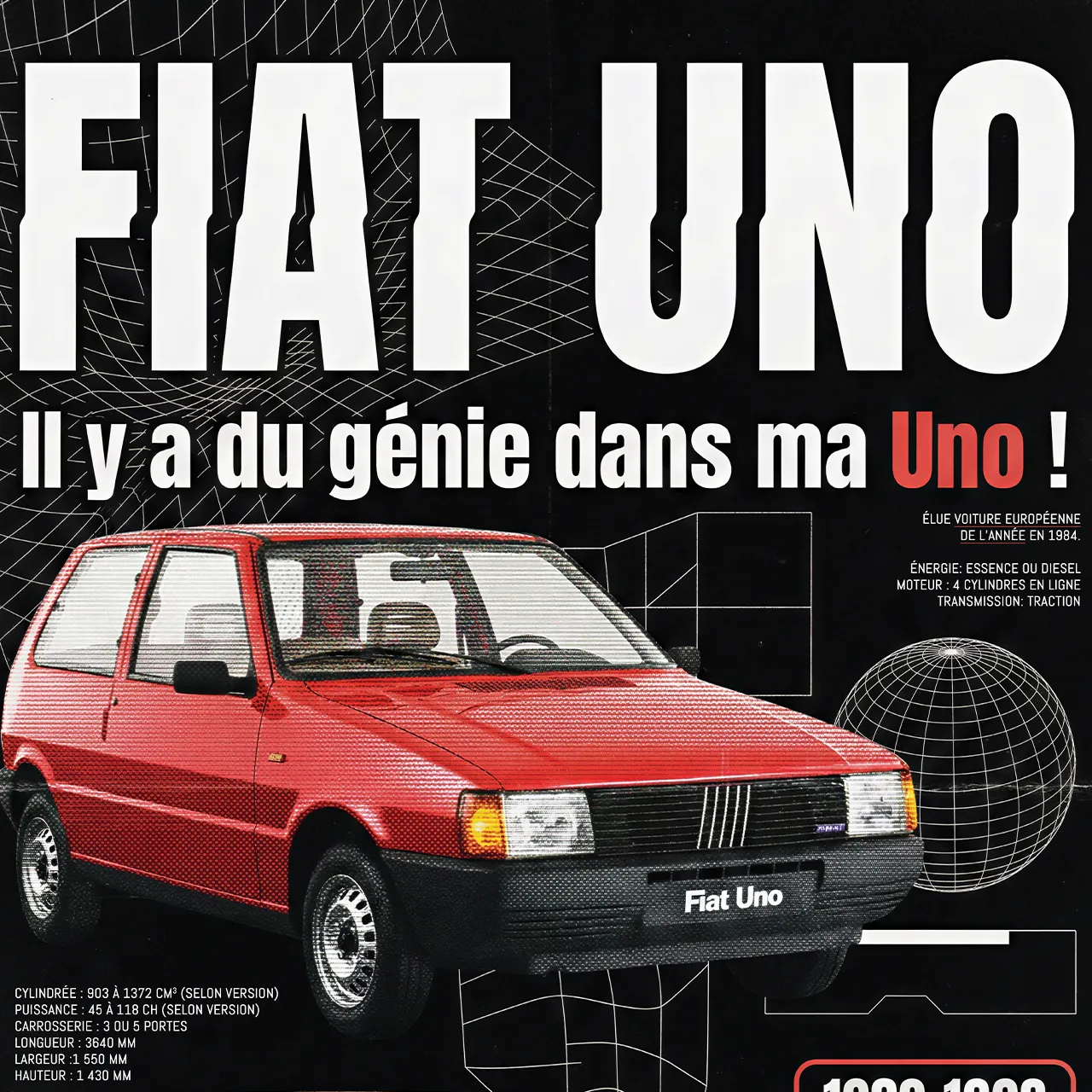 Détail poster Fiat Uno rouge pub ancienne slogan