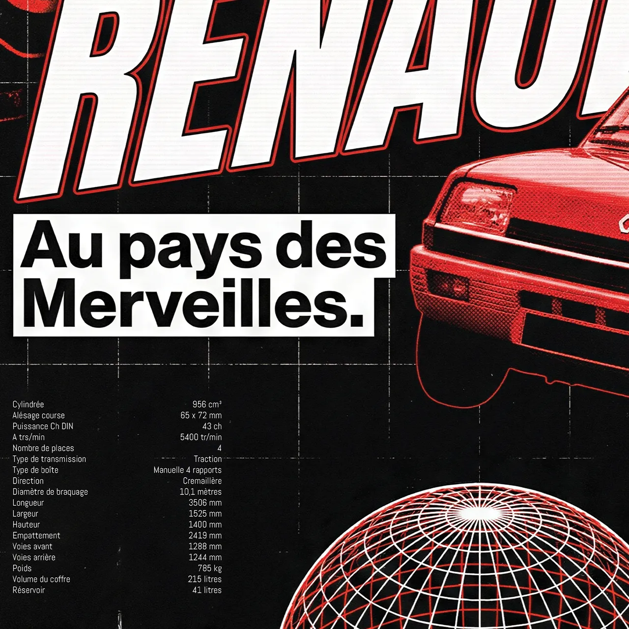 Détail poster Renault 5, caractéristiques techniques, style vintage