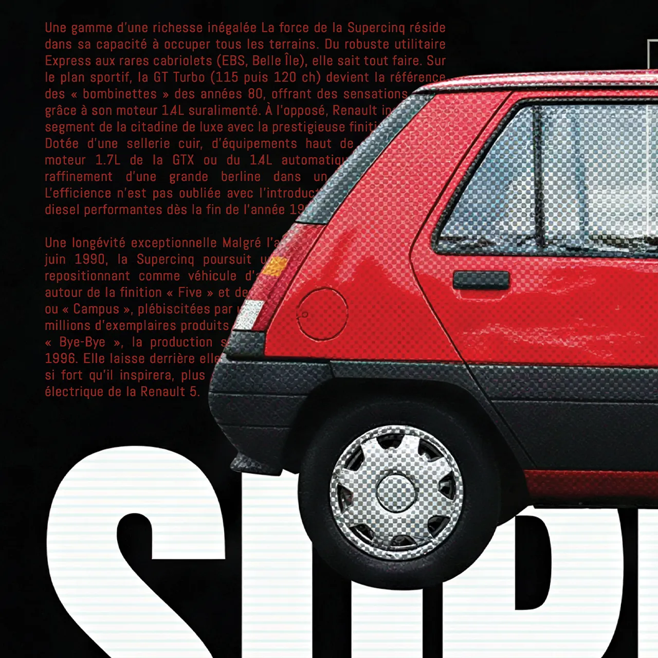 Détail poster Renault Supercinq, pub vintage, caractéristiques techniques