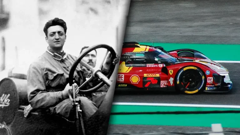 Montage photo de Enzo Ferrari et d'une 499P à coté, l'histoire de Ferrari
