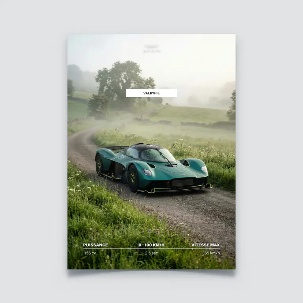 Poster Aston Martin Valkyrie sur route de campagne brumeuse avec fiche technique.