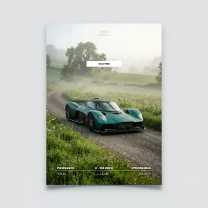 Poster Aston Martin Valkyrie sur route de campagne brumeuse avec fiche technique.