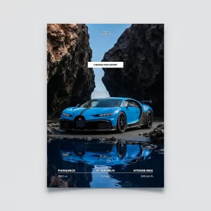 Poster Bugatti Chiron Pur Sport bleue reflet dans l'eau décor falaises sombres.