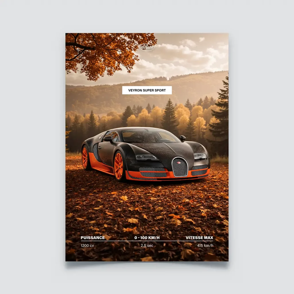 Poster Bugatti Veyron Super Sport noir carbone et orange forêt automne.