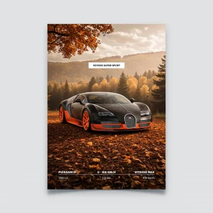 Poster Bugatti Veyron Super Sport noir carbone et orange forêt automne.
