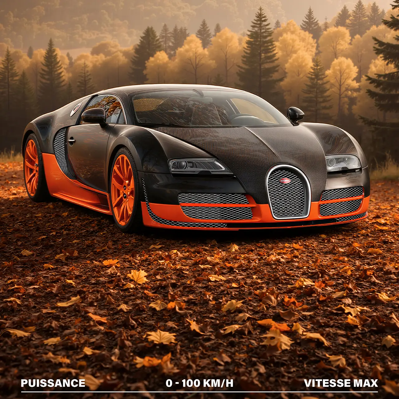 Gros plan avant Bugatti Veyron Super Sport fibre carbone et jantes orange.