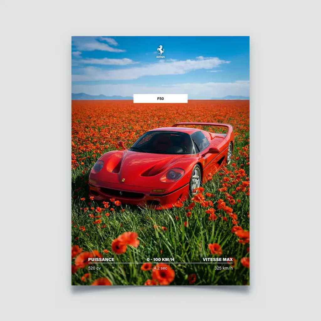 Poster Ferrari F50 rouge dans un champ de coquelicots ciel bleu.