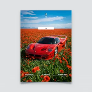 Poster Ferrari F50 rouge dans un champ de coquelicots ciel bleu.