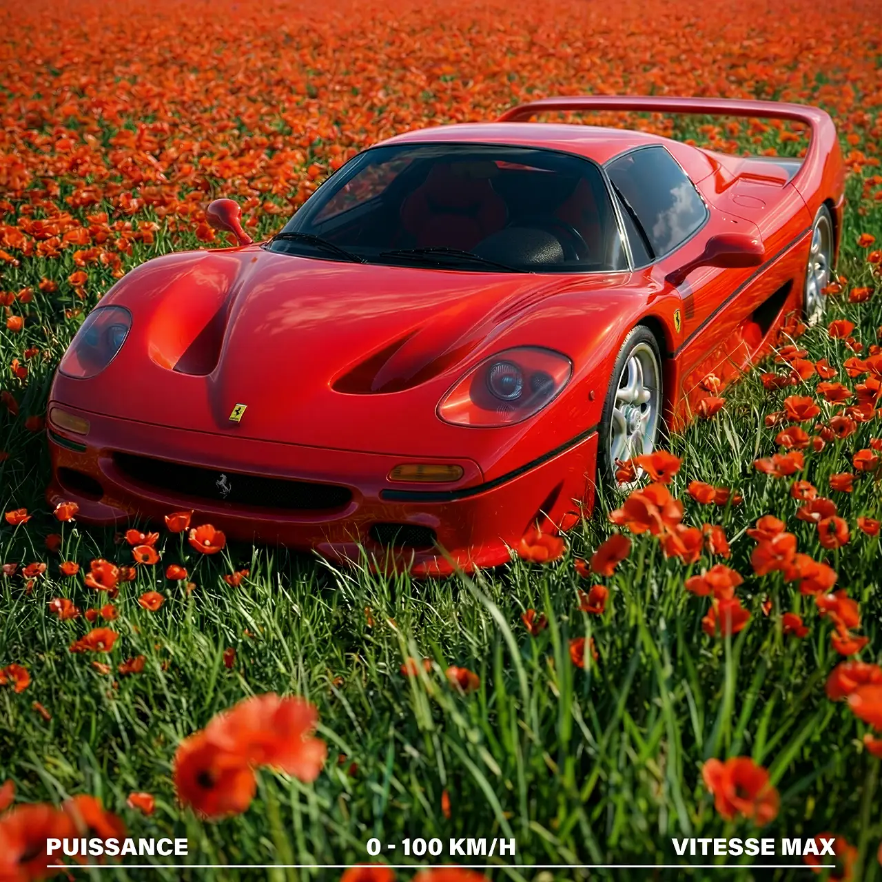 Gros plan avant Ferrari F50 capot rouge et phares au milieu des fleurs.