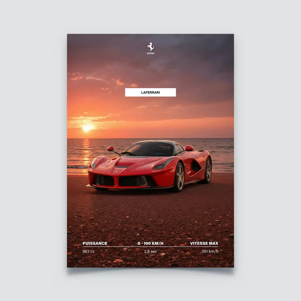Poster Ferrari LaFerrari rouge sur une plage au coucher de soleil.