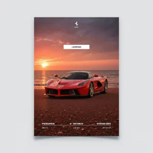Poster Ferrari LaFerrari rouge sur une plage au coucher de soleil.