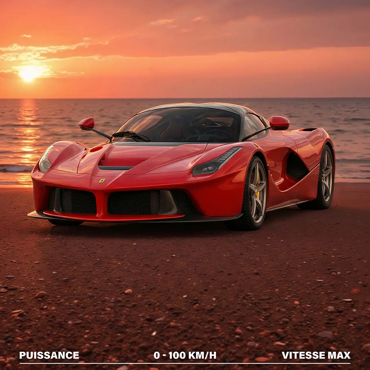 Gros plan avant Ferrari LaFerrari rouge reflet soleil et mer.