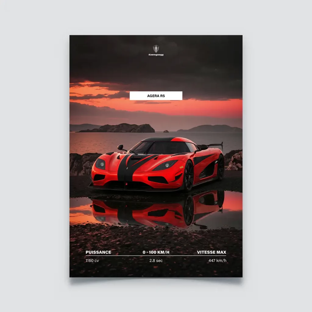 Poster Koenigsegg Agera RS rouge et carbone coucher de soleil reflet eau.
