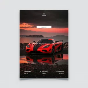 Poster Koenigsegg Agera RS rouge et carbone coucher de soleil reflet eau.