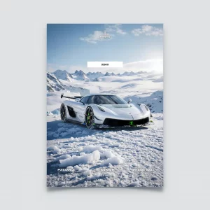 Poster Koenigsegg Jesko blanche accents verts dans paysage montagne neige.