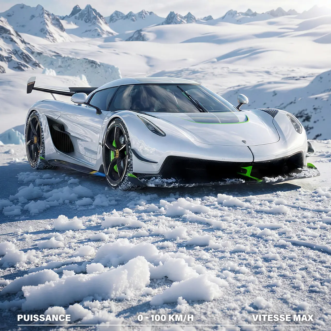 Gros plan avant Koenigsegg Jesko blanche sur la neige détails aérodynamiques.