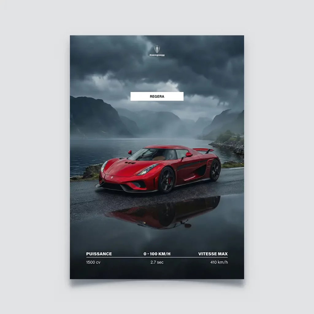 Poster Koenigsegg Regera rouge rubis devant un fjord scandinave sous l'orage.