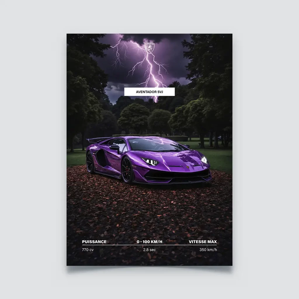 Poster Lamborghini Aventador SVJ violette sous un orage avec éclair.