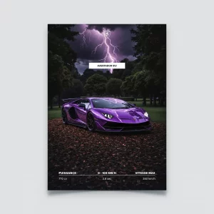 Poster Lamborghini Aventador SVJ violette sous un orage avec éclair.