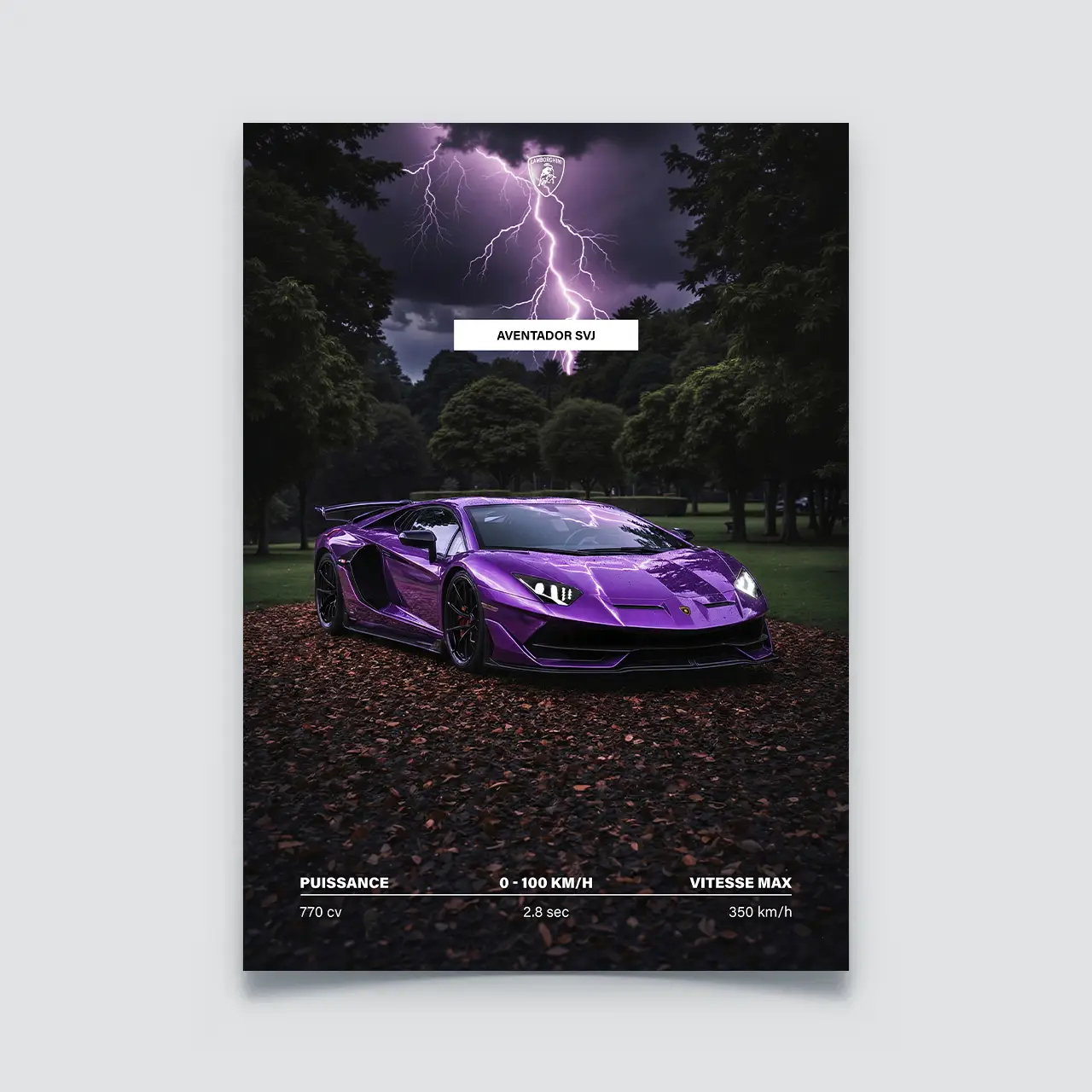 Poster Lamborghini Aventador SVJ violette sous un orage avec éclair.