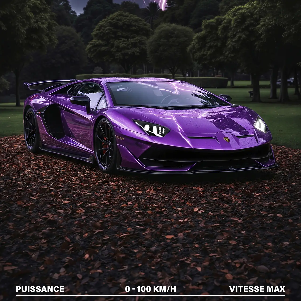 Gros plan avant Lamborghini Aventador SVJ violette phares allumés sol humide.