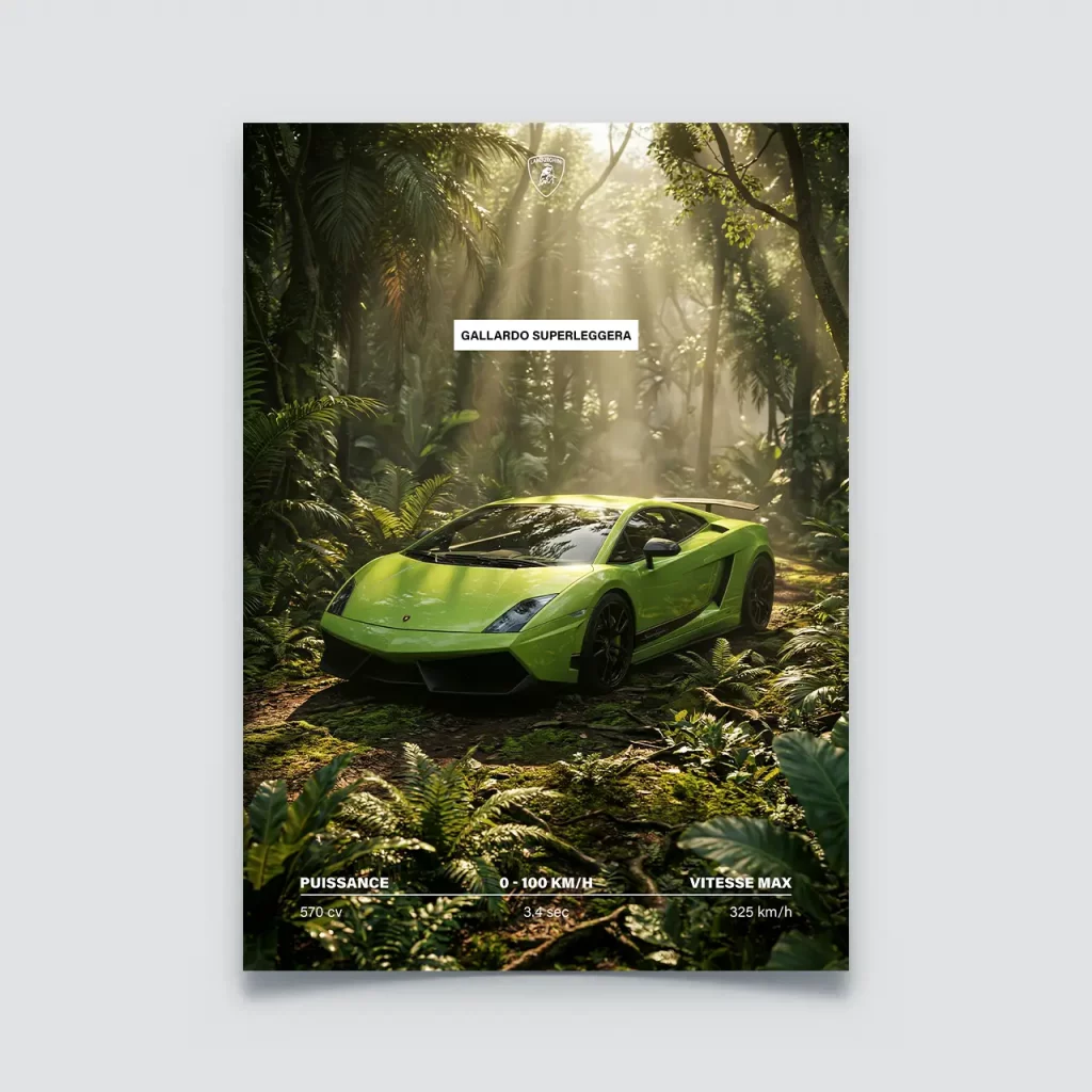 Poster Lamborghini Gallardo Superleggera verte dans une jungle tropicale.