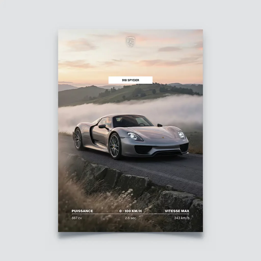 Poster Porsche 918 Spyder argentée sur route de montagne au-dessus des nuages.