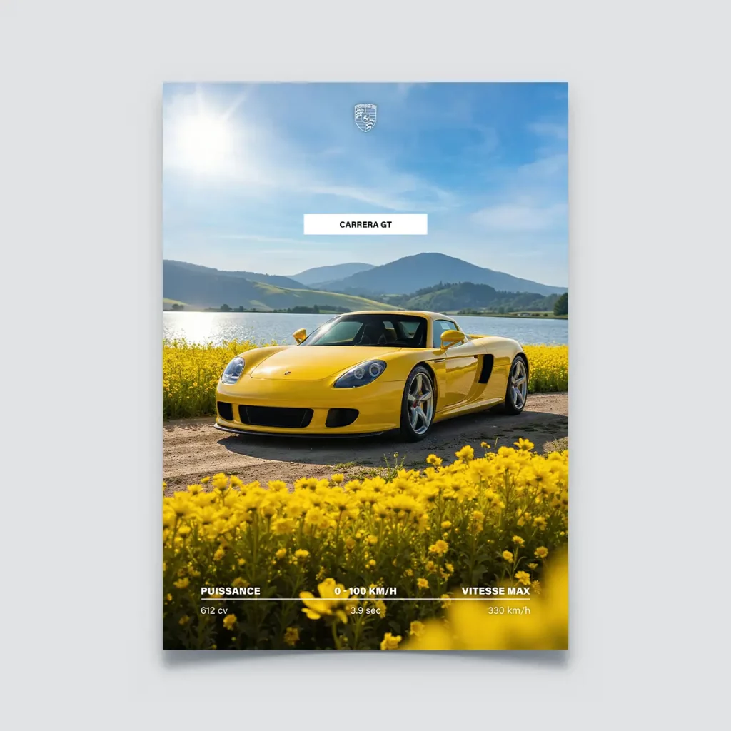 Poster Porsche Carrera GT jaune bord de lac et champ de fleurs jaunes.