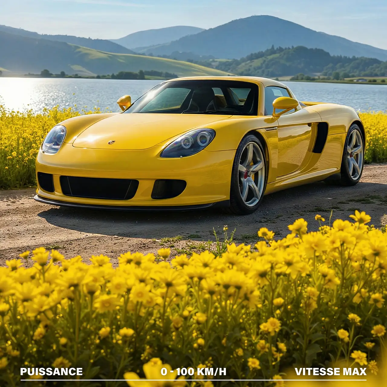 Gros plan avant Porsche Carrera GT jaune phares et roues dans les fleurs.