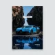 Poster Bugatti Chiron Pur Sport bleue reflet dans l'eau décor falaises sombres.