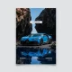 Poster Bugatti Chiron Pur Sport bleue reflet dans l'eau décor falaises sombres.